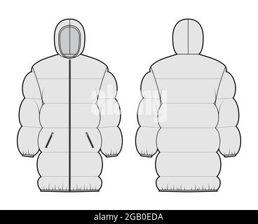 Down puffer jacket coat technical fashion illustration with hoody collar, zip-up closure, pockets, oversized, wide quilting. Flat template front, back, grey color style. Women, men, unisex CAD mockup Stock Vector