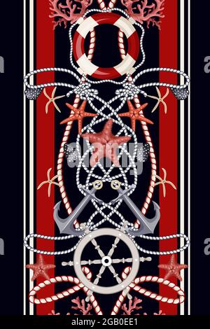 Border with starfishes, anchors, shells and lifebuoys. Vector. Stock Vector