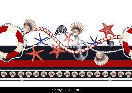 Border with starfishes, anchors, shells and lifebuoys. Vector. Stock Vector