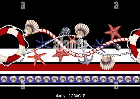 Border with starfishes, anchors, shells and lifebuoys. Vector. Stock Vector