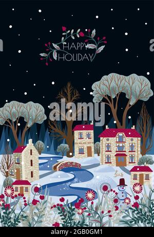 Greeting card or poster with Christmas town. Snowy city with river and trees. Stock Vector