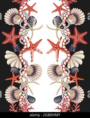 Border with starfishes, shells and rope. Vector trende print. Stock Vector