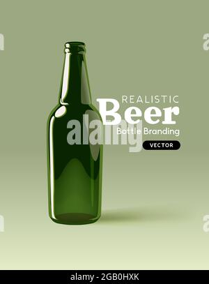 A realistic green glass beer bottle for mocking up designs. Contemporary beverage marketing template Vector illustration Stock Vector