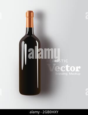 A realistic glass bottle of red wine branding mock up. Beverage Marketing template Vector illustration Stock Vector