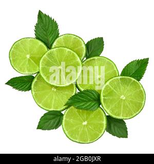 Lime slices and mint leaves isolated on white background, top view. Stock Photo