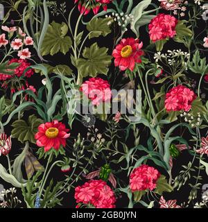 Seamless pattern with geraniums, insects and wild flowers. Trendy floral vector print. Stock Vector
