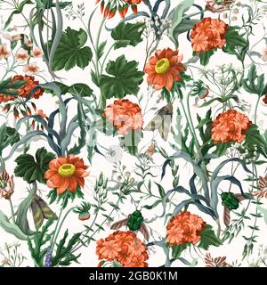 Seamless pattern with geraniums, insects and wild flowers. Trendy floral vector print. Stock Vector