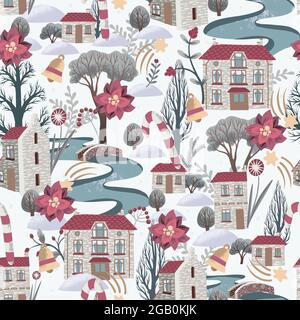 Seamless pattern with Christmas elements, snowy city, river and trees Stock Vector
