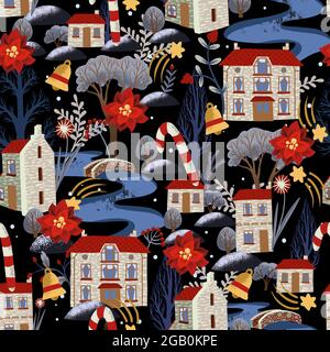 Seamless pattern with Christmas elements, snowy city, river and trees. Stock Vector