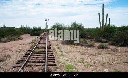 Old railroad tracks in the desert east of Phoenix Stock Photo