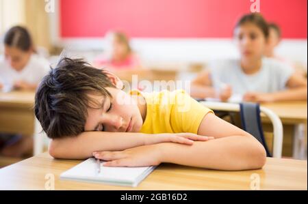 Bored tween boy sleeping at desk in classroom during lesson Stock Photo