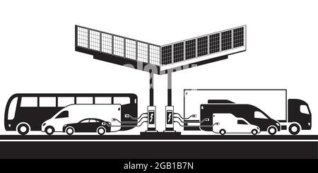 Different electric vehicles at charging station with solar panels Stock Vector