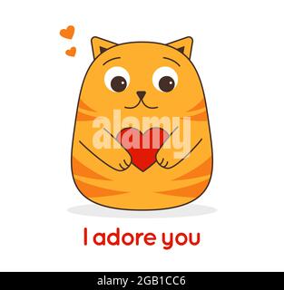 Cat little cute red striped holds a red heart in its paws and the inscription I adore you from below isolated on white background. Valentines Day. Greeting card for the holiday. Vector illustration Stock Vector