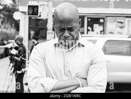 New York, NY - August 1, 2021: Democratic Party Mayoral candidate Eric Adams in deep thoughts before addressing press on violent crime on 37th Avenue in Queens where 10 people were shot the night before Stock Photo