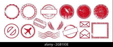 Postal Stamp frame grunge empty red set. Banners vintage icon border  postmark pack. Texture blank imprints stamps. Document and package, letter  insignia collection round and square stamp symbol label Stock Vector