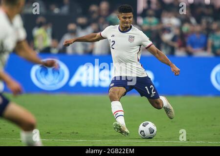 August 1, 2021: United States defender Miles Robinson (12) kicks the ball during the first half of the CONCACAF Gold Cup 2021 Final featuring the United States and Mexico at Allegiant Stadium in Las Vegas, NV. At halftime United States and Mexico are tied 0-0. Christopher Trim/CSM. Stock Photo