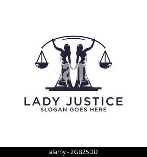 Two Ladies standing holding the scales vector illustrations,vintage Law firm logo icon design inspiration Stock Vector