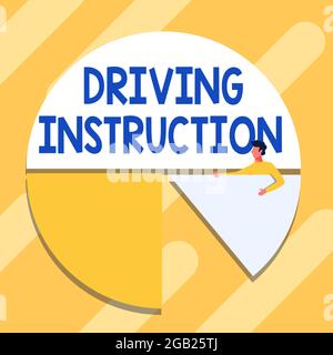 Sign displaying Driving Instruction. Word for detailed information on how driving should be done Man Drawing Holding Pie Chart Piece Showing Graph Stock Photo