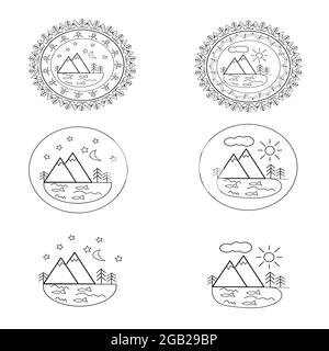 Set of vector logos of mountains. Mountain rock outdoor camping labels. Mountaineering labels, hiking travel and adventure illustrations Stock Vector