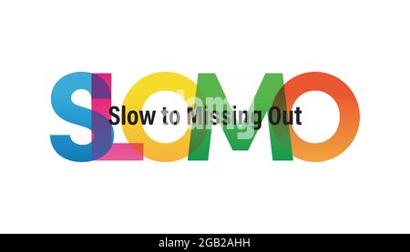 FOMO word vector illustration. Slow To Missing Out. Colored rainbow text. Vector banner. Corporate concept. Gradient Text. Transparency Letters. Vector illustration Stock Vector