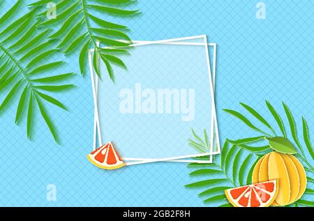 Paper cut two white square frames with green tropical palm leaves and slice and whole grapefruit citrus fruit. Vector card illustration with place for Stock Vector