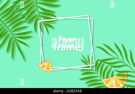 Paper cut two white square frames with tropical palm leaves and slice orange citrus fruit. Vector card illustration with place for selling advertising Stock Vector
