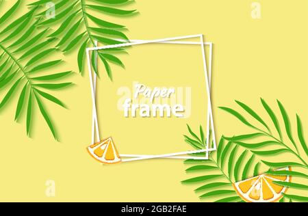 Paper cut two white square frames with green tropical palm leaves and slice orange citrus fruit. Vector card illustration with place for selling Stock Vector