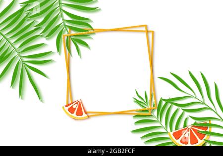Paper cut two yellow square frames with tropical palm leaves and slice orange citrus fruit. Vector card illustration with place for selling Stock Vector