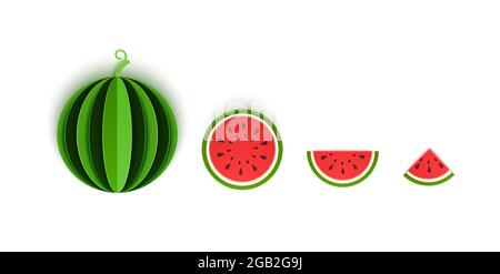 The paper cut watermelon berry is sliced with whole, triangular and round. Summer, sweet green melon juicy food. Vector card 3d illustration. Tropical Stock Vector
