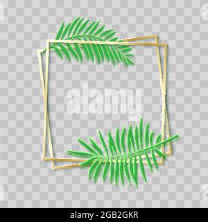 Paper cut gold frame with tropical leaves. Two golden inclined square frames lie one on another. Vector card illustration with place for selling Stock Vector