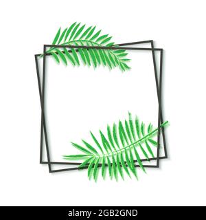 Paper cut black frame with tropical leaves. Two dark inclined square frames lie one on another. Vector card illustration with place for selling Stock Vector