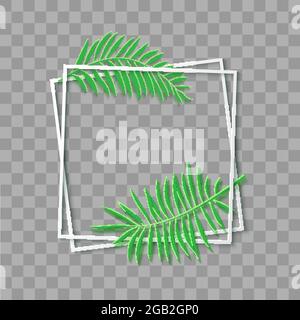 Paper cut white frame with tropical leaves. Two inclined square frames lie one on another. Vector card illustration with place for selling advertising Stock Vector