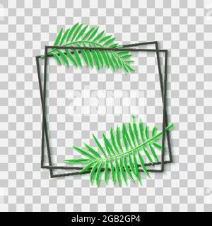 Paper cut black frame with tropical leaves. Two dark inclined square frames lie one on another. Vector card illustration with place for selling Stock Vector