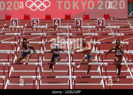 Tokyo, Japan. 02nd Aug, 2021. Gold medalist Puerto Rico's Jasmine Camacho-Quinn (L), silver medalist Kendra Harrison of the USA (2nd L), Nadine Visser of the Netherland's (3rd L) and Gabriele Cunningham of the USA compete in the Women's 100m Hurdles Finals at the Athletics competition during the Tokyo Summer Olympics in Tokyo, Japan, on Monday, August 2, 2021. Photo by Bob Strong/UPI. Credit: UPI/Alamy Live News Stock Photo