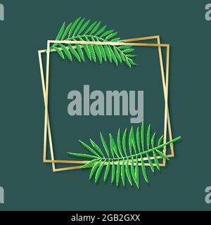Paper cut gold frame with tropical leaves. Two golden inclined square frames lie one on another. Vector card illustration with place for selling Stock Vector