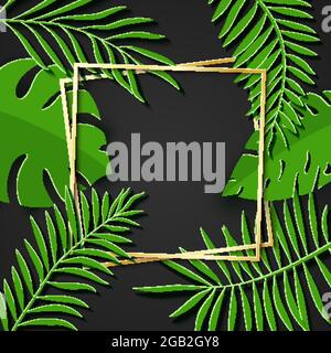 Paper cut gold frame with green tropical leaves. Two golden inclined square frames lie one on another. Vector card illustration with place for selling Stock Vector