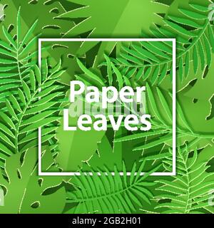 Paper cut white frame with heavy foliage. Square frame lie on green jungle leaves. Vector card illustration with place for selling advertising text Stock Vector