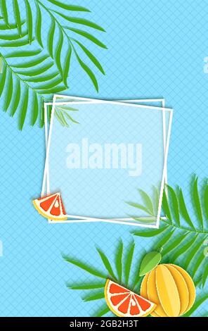 Paper cut two white square frames with green tropical palm leaves and slice and whole grapefruit citrus fruit. Vector card illustration with place for Stock Vector