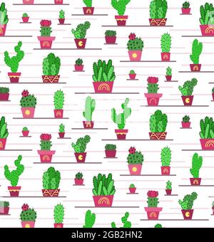 Pattern with original cartoon green cactuses in pots on the shelves and white background. Hand drawn flat texture of home plants. Cute natural wallpap Stock Vector