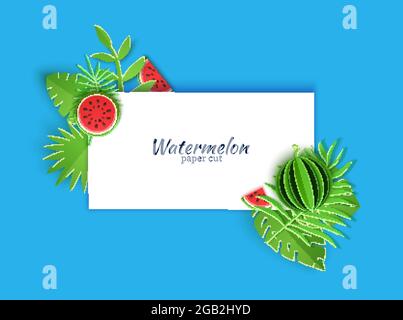 Rectangular white note sheet decorated with jungle paper cut green leaves and watermelon. Applique whole and pieces of berry on paper foliage on a Stock Vector