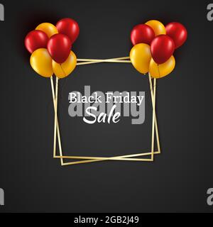 A square paper cut geometric frame in gold with a realistic bunch of red and yellow balloons on black background. Vector greeting card Birthday or Stock Vector