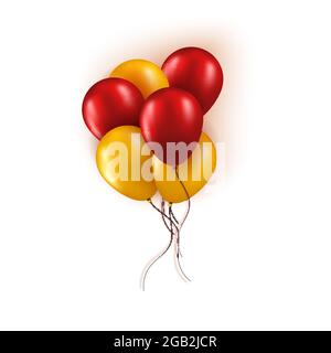 Realistic bunch of red and yellow balloons isolated on white background. Vector greeting card element for Birthday or Black Friday Sale concept Stock Vector