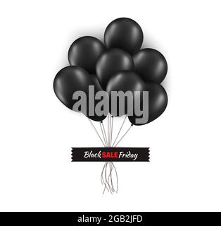 Black friday promo concept. Bunch of black balloons with strings glued with black tape isolated on white background . Vector card illustration for Stock Vector