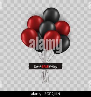Black Friday promo concept. Bunch of black and red balloons with strings glued with black tape isolated on transparent background . Vector card Stock Vector