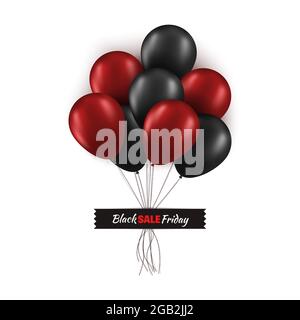 Black Friday promo concept. Bunch of black and red balloons with strings glued with black tape isolated on white background . Vector card illustration Stock Vector