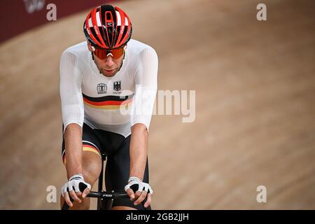 Izu, Japan. 02nd Aug, 2021. Cycling: Olympics, track cycling, training. Roger Kluge from Germany rides on the track. Credit: Sebastian Gollnow/dpa/Alamy Live News Stock Photo