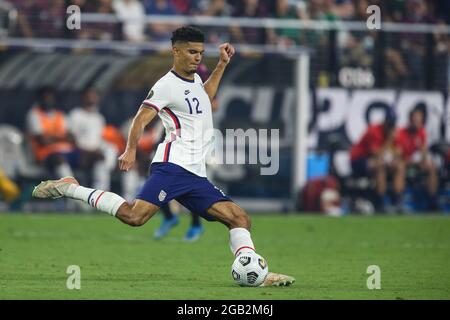 August 1, 2021: United States defender Miles Robinson (12) kicks the ball during the CONCACAF Gold Cup 2021 Final featuring the United States and Mexico at Allegiant Stadium in Las Vegas, NV. The United States defeated Mexico in extra-time 1-0. Christopher Trim/CSM. Stock Photo