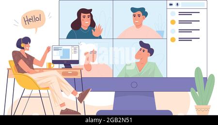 Flat woman in chair at home office using computer for collective virtual team building or group video conference with clients, colleagues. Girl in headphones at desktop talking with friends online. Stock Vector