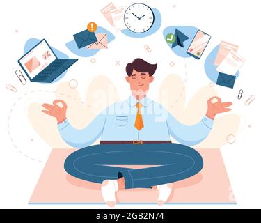 Flat man sitting in lotus position, practicing mindfulness meditation with office icons. Worker doing yoga on workplace. Emotional balance, stress relief concept. Healthy mind and body of businessman. Stock Vector