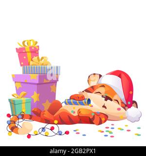 Cute New Year tiger cartoon character in Santa hat Stock Vector